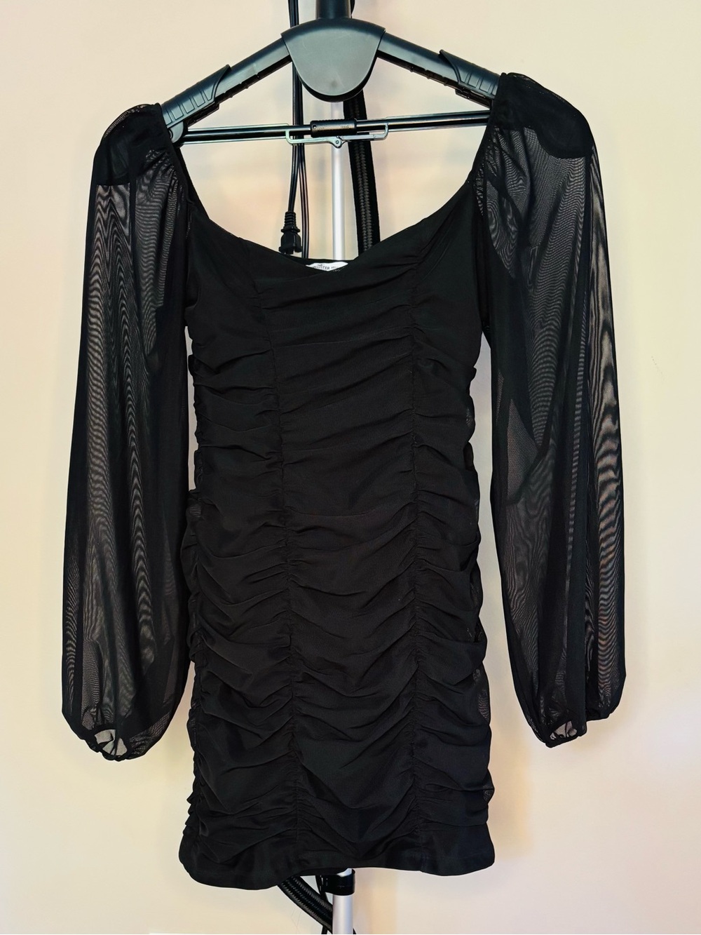 Hollister Black Ruched Mini Dress with Sheer Bishop Sleeves